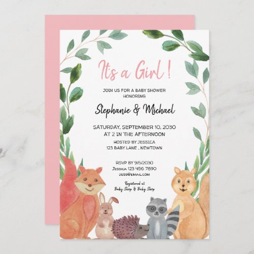 Woodland Animals Its A Girl Couples Baby Shower Invitation