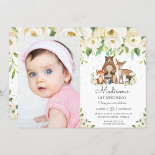Woodland Animals Ivory Floral 1st Birthday Photo Invitation