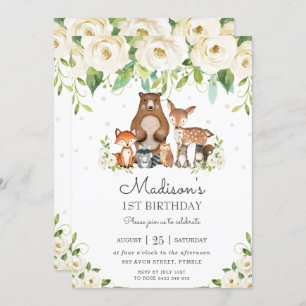 Woodland Animals Ivory White Floral 1st Birthday Invitation