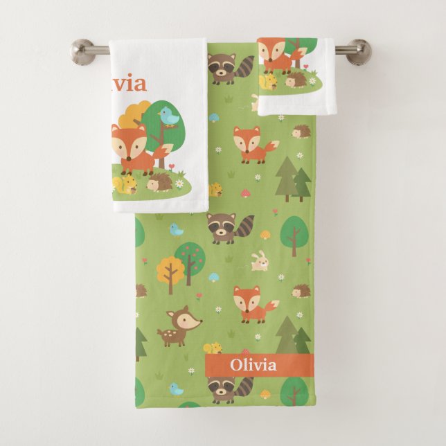 Woodland Animals Kids Personalized Bath Towel Set (Insitu)