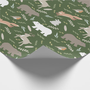 Woodland Animals & Leaf Pattern Forest Green Wrapping Paper