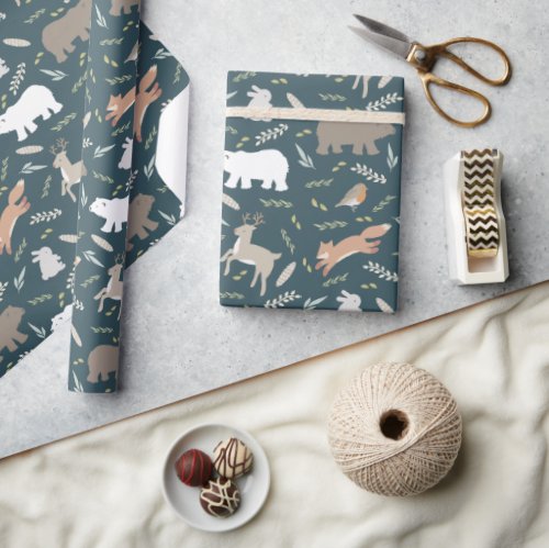 Woodland Animals  Leaf Pattern Navy Blue Wrapping Paper