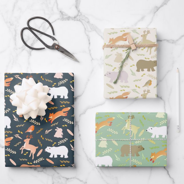 Woodland Animals & Leaf Pattern Wrapping Paper Sheets (Front)