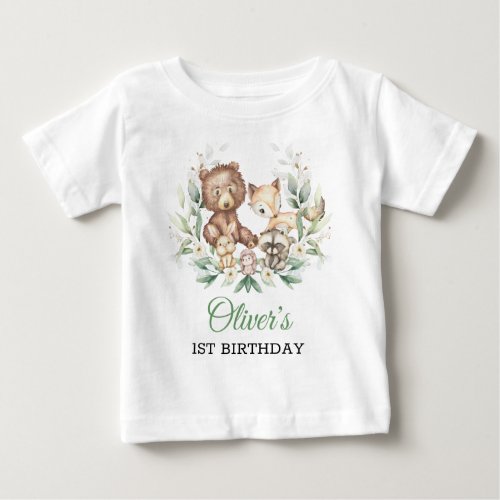 Woodland Animals Leafy Greenery 1st Birthday Boy Baby T_Shirt