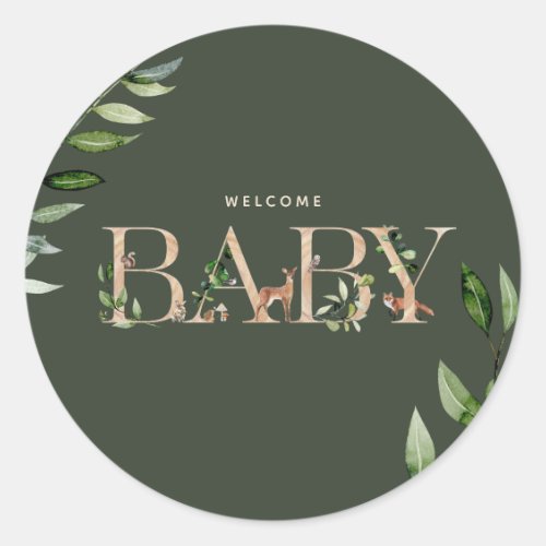 Woodland Animals Lettering Baby Shower Classic Round Sticker