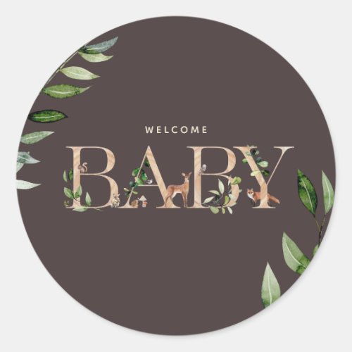 Woodland Animals Lettering Brown Baby Shower Classic Round Sticker