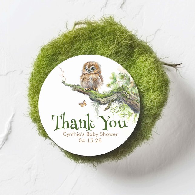Woodland Animals Little Owl Mossy Wild Thank You Classic Round Sticker (Little Owl Woodland Themed Thank You Stickers)