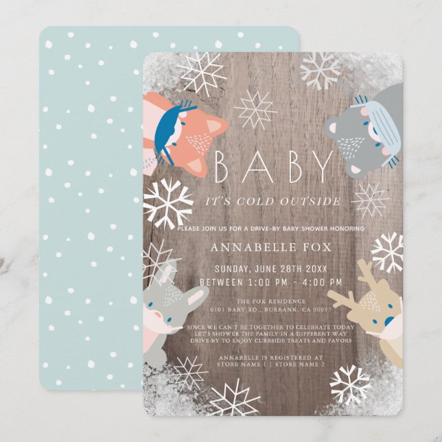 Woodland Animals Mask Blue Drive-by Baby Shower Invitation (Front/Back)