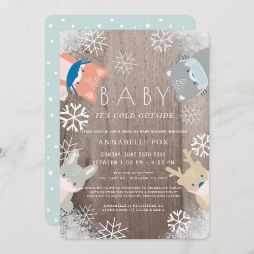 Woodland Animals Mask Blue Drive_by Baby Shower Invitation