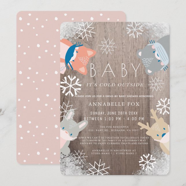 Woodland Animals Mask Pink Drive-by Baby Shower Invitation (Front/Back)