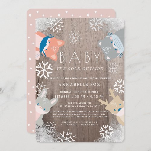 Woodland Animals Mask Pink Drive_by Baby Shower Invitation