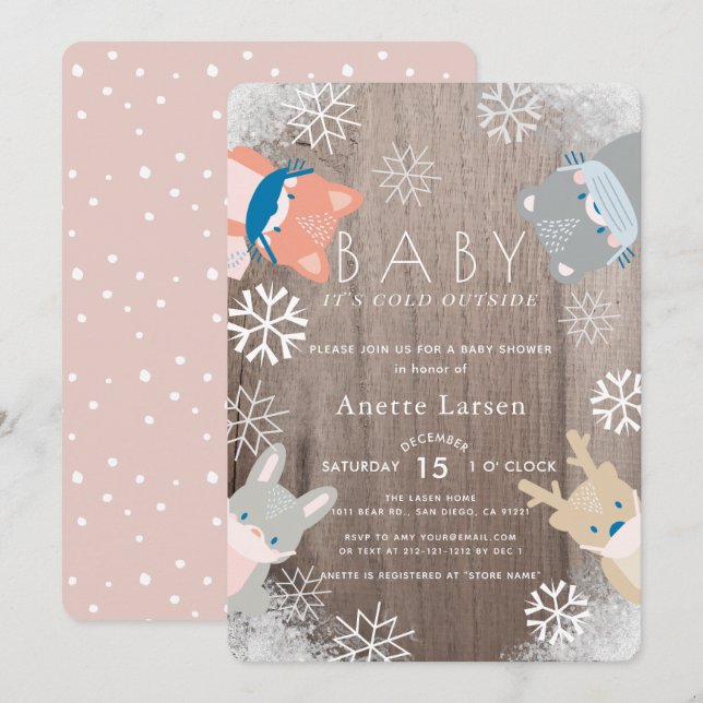 Woodland Animals Mask Pink Girl Baby Shower Invitation (Front/Back)