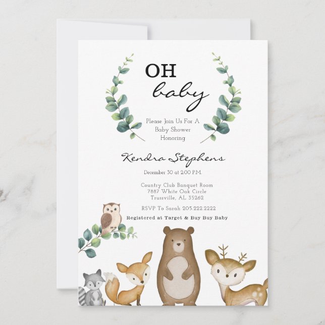 Woodland Animals Minimal Baby Shower Invitation  (Front)