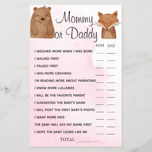 Woodland Animals Mommy or Daddy Shower game card Flyer