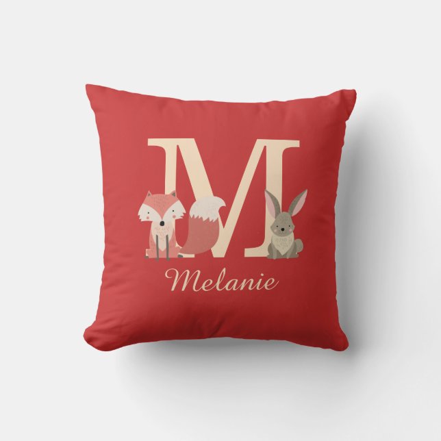 Woodland Animals Monogram Initial Throw Pillow (Front)