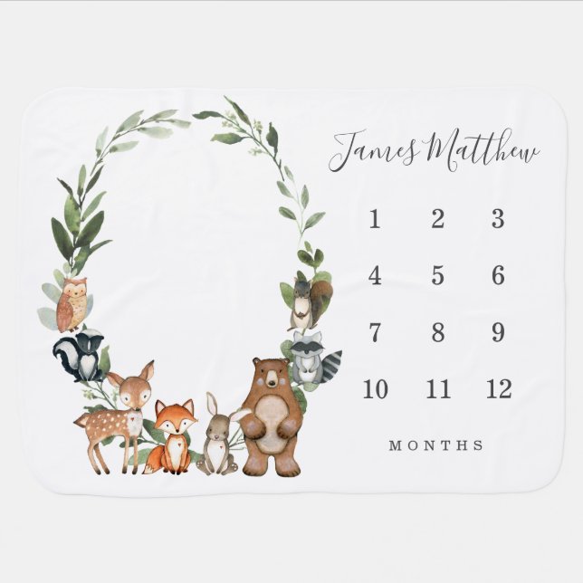 Woodland Animals Monthly Milestone Baby Blanket (Horizontal)