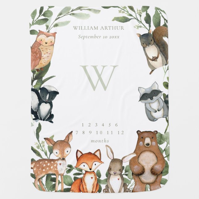 Woodland Animals Monthly Milestone Baby Blanket (Front)