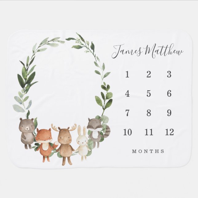 Woodland Animals Monthly Milestone Baby Blanket (Horizontal)