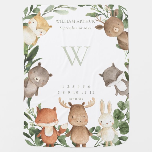 Woodland Animals Monthly Milestone Baby Blanket (Front)