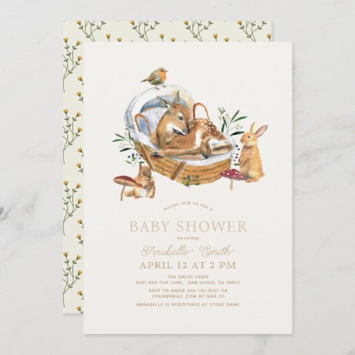 Woodland Animals Moses Basket Mushroom Baby Shower Invitation