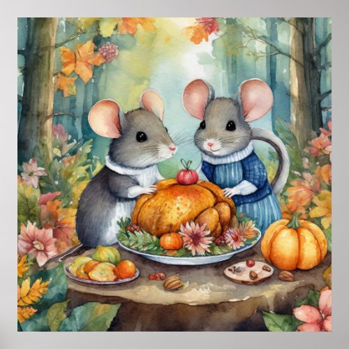 Woodland Animals Mouse Fall Thanksgiving Turkey Poster