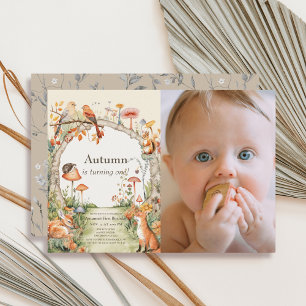 Woodland Animals Mushroom 1st Birthday Photo Invitation