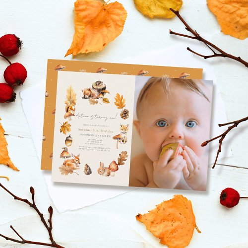 Woodland Animals Mushroom Fall Photo 1st Birthday Invitation