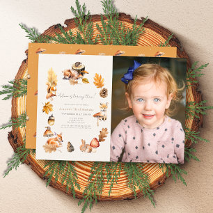 Woodland Animals Mushroom Fall Photo Kids Birthday Invitation