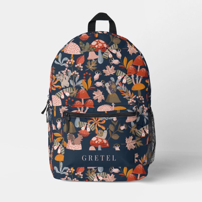 Woodland Animals & Mushroom Night Navy Blue Printed Backpack (Front)