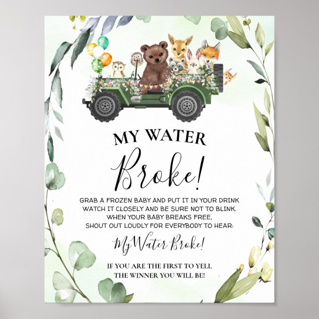 Woodland Animals My Water Broke Baby Shower Game Poster (Front)