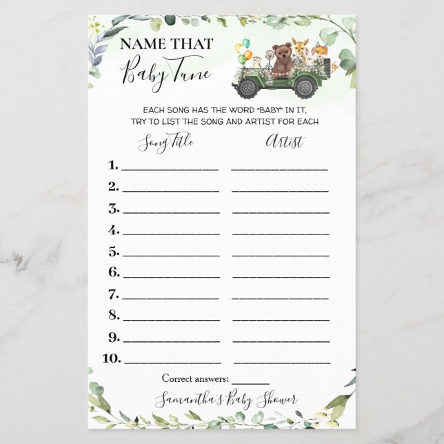 Woodland Animals Name Baby Tune Shower Game card Flyer (Front)
