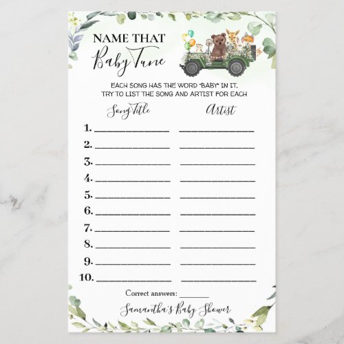 Woodland Animals Name Baby Tune Shower Game card Flyer