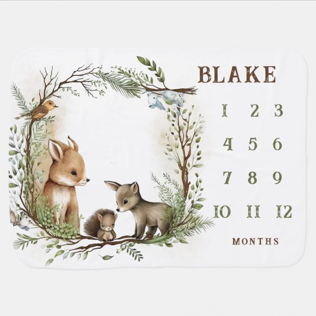 Woodland Animals Name Gender Neutral Milestone  Baby Blanket (Horizontal)
