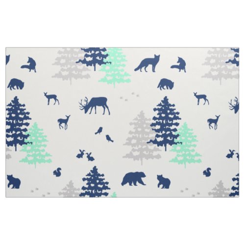 Woodland Animals Navy Blue Mint Green Gray  Fabric