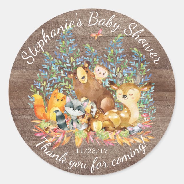 Woodland Animals Neutral Baby Shower Favor Sticker (Front)