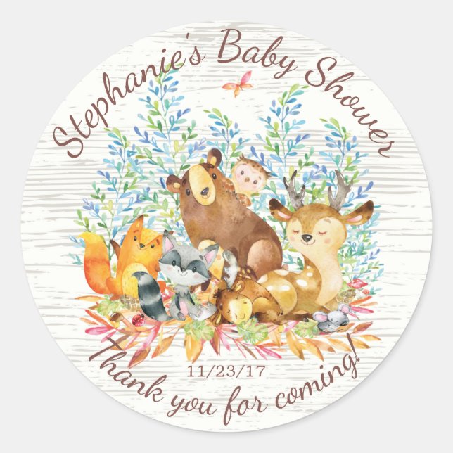 Woodland Animals Neutral Baby Shower Favor Sticker (Front)
