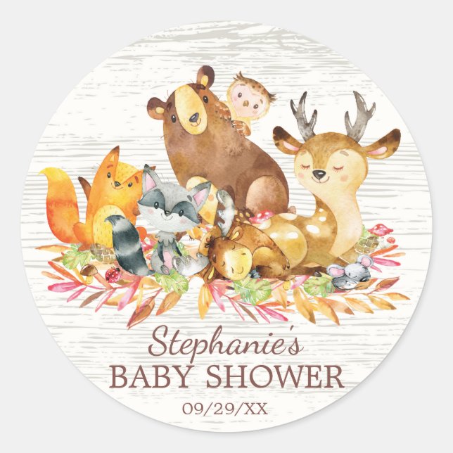 Woodland Animals Neutral Baby Shower Favor Sticker (Front)