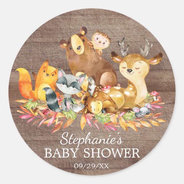Woodland Animals Neutral Baby Shower Favor Sticker (Front)