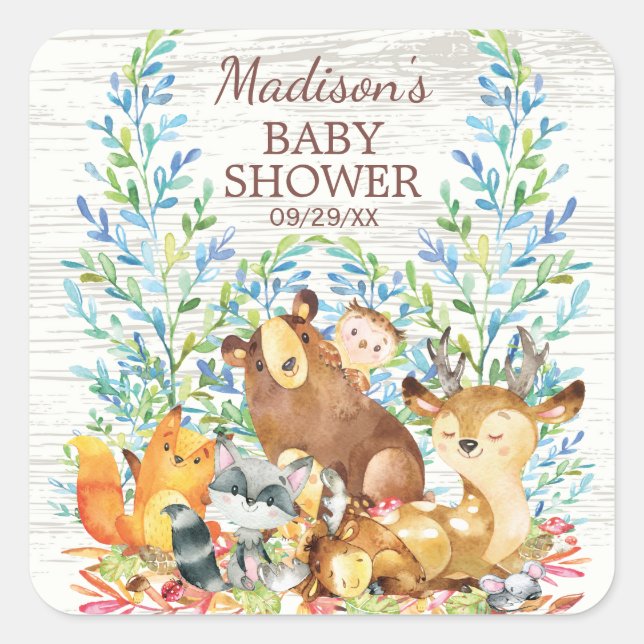Woodland Animals Neutral Baby Shower Favor Sticker (Front)