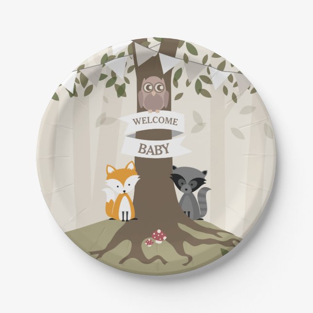 Woodland Animals Neutral Baby Shower Paper Plates (Front)