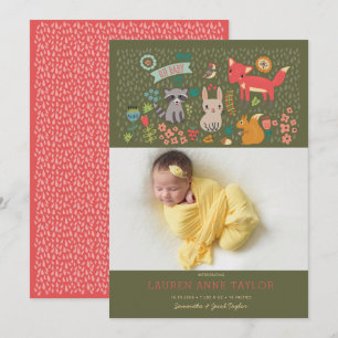 Woodland Animals New Baby Birth Announcement