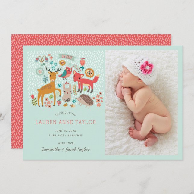 Woodland Animals New Baby Birth Announcement (Front/Back)