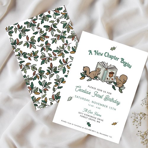 Woodland Animals New Chapter Begins First Birthday Invitation