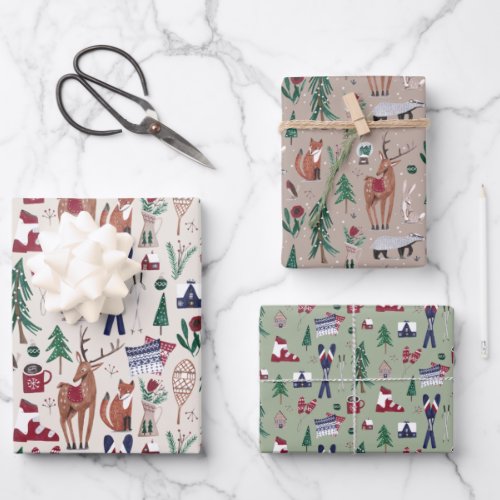 Woodland animals nordic ski Christmas pattern Wrapping Paper Sheets