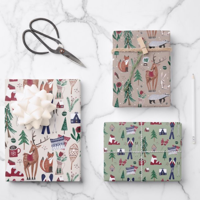 Woodland animals nordic ski Christmas pattern Wrapping Paper Sheets (Front)