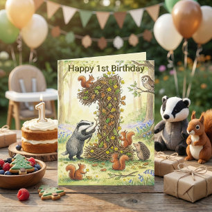 Woodland Animals Number 1 First Birthday Photo Card