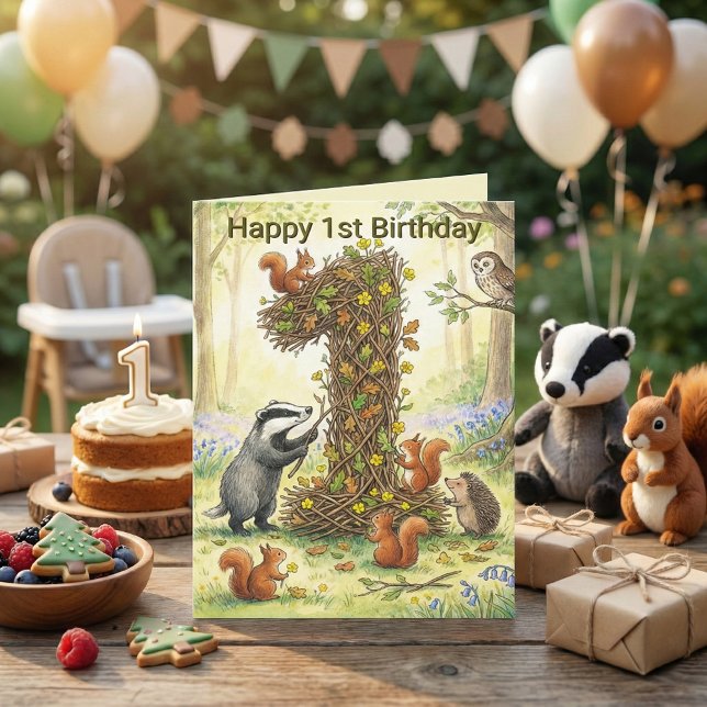 Woodland Animals Number 1 | First Birthday Photo Card (Woodland Animals Number 1 | First Birthday Photo Card. Badger Squirrel Owl Forest Storybook Art)