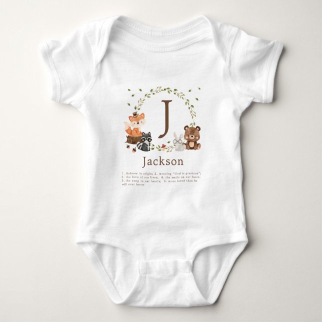 Woodland Animals Nursery Custom Monogram Baby Bodysuit (Front)