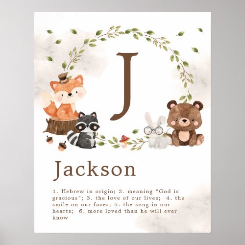 Woodland Animals Nursery Custom Monogram Poster