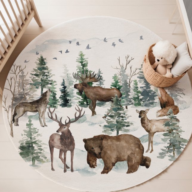 Woodland Animals Nursery, Forest Rug (Woodland Animals round rug for nursery and boys rooms)